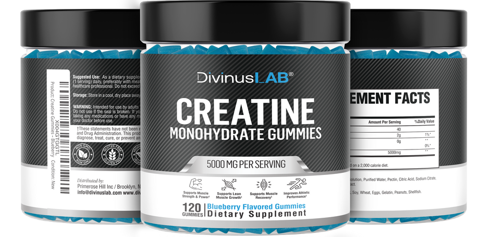 Creatine Monohydrate Gummies – 5g per Serving, 120 Count, Sugar Free, Blueberry Flavored