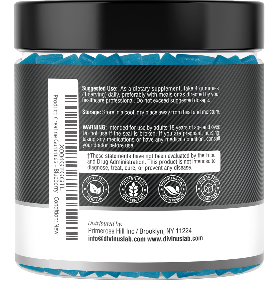 Creatine Monohydrate Gummies – 5g per Serving, 120 Count, Sugar Free, Blueberry Flavored
