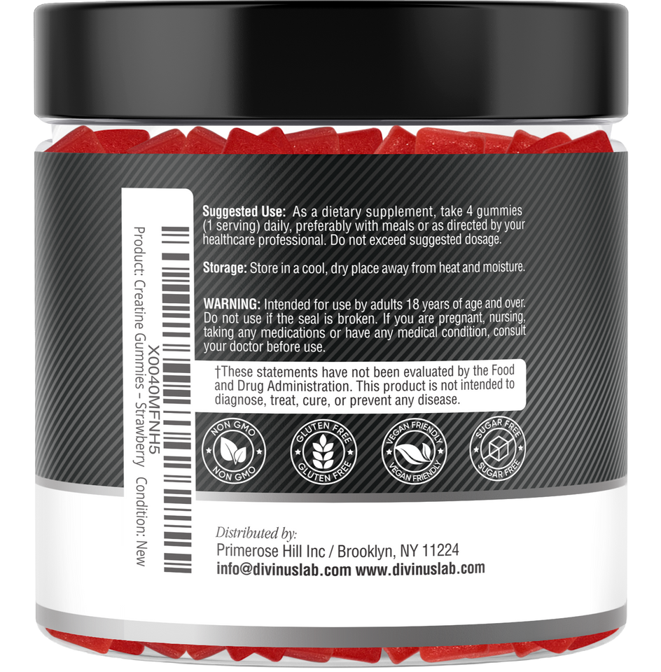 Creatine Monohydrate Gummies – 5g per Serving, 120 Count, Sugar Free, Strawberry Flavored