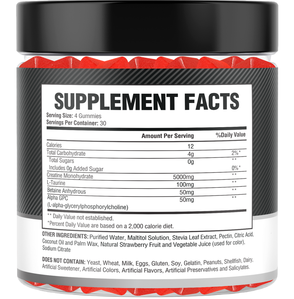Creatine Monohydrate Gummies – 5g per Serving, 120 Count, Strawberry Flavor