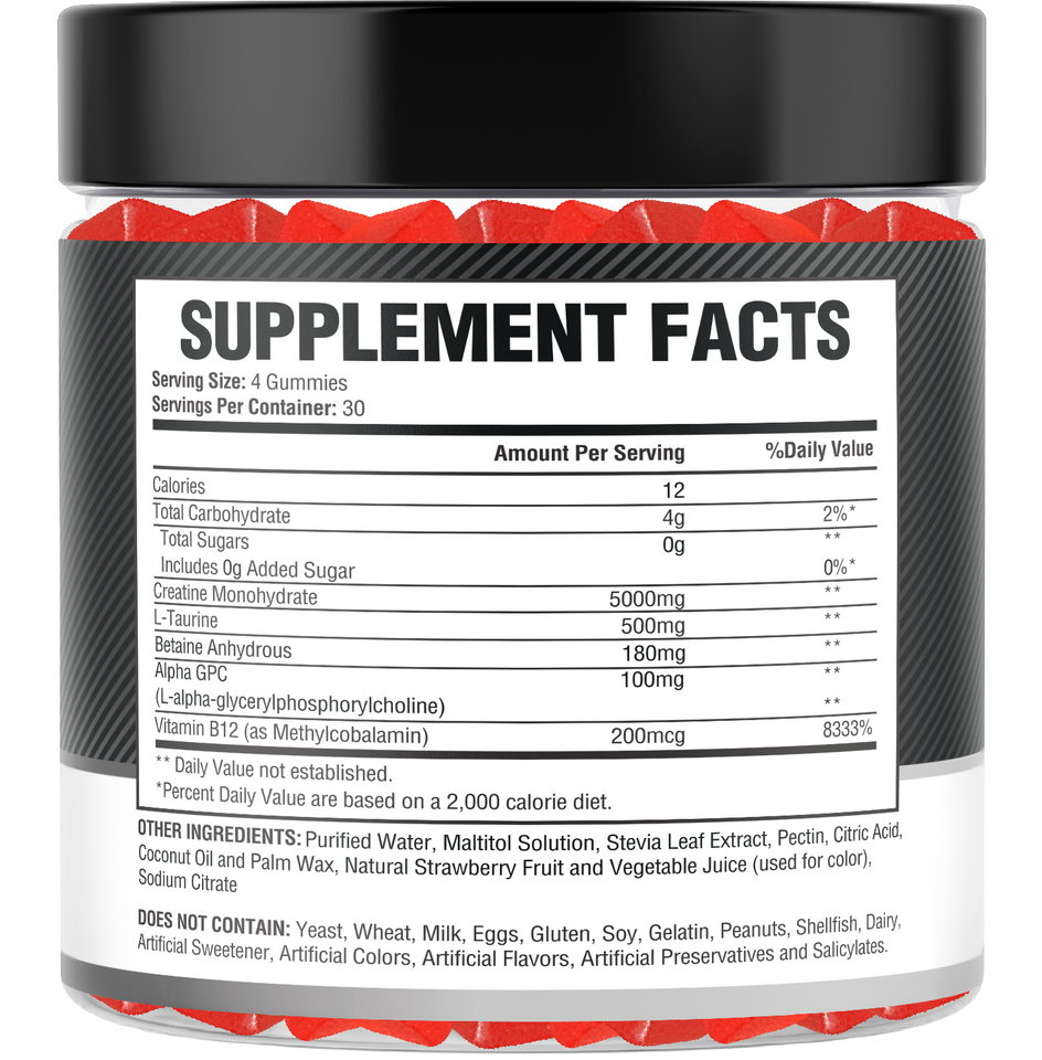 Creatine Monohydrate Gummies – 5g per Serving, 120 Count, Strawberry Flavor
