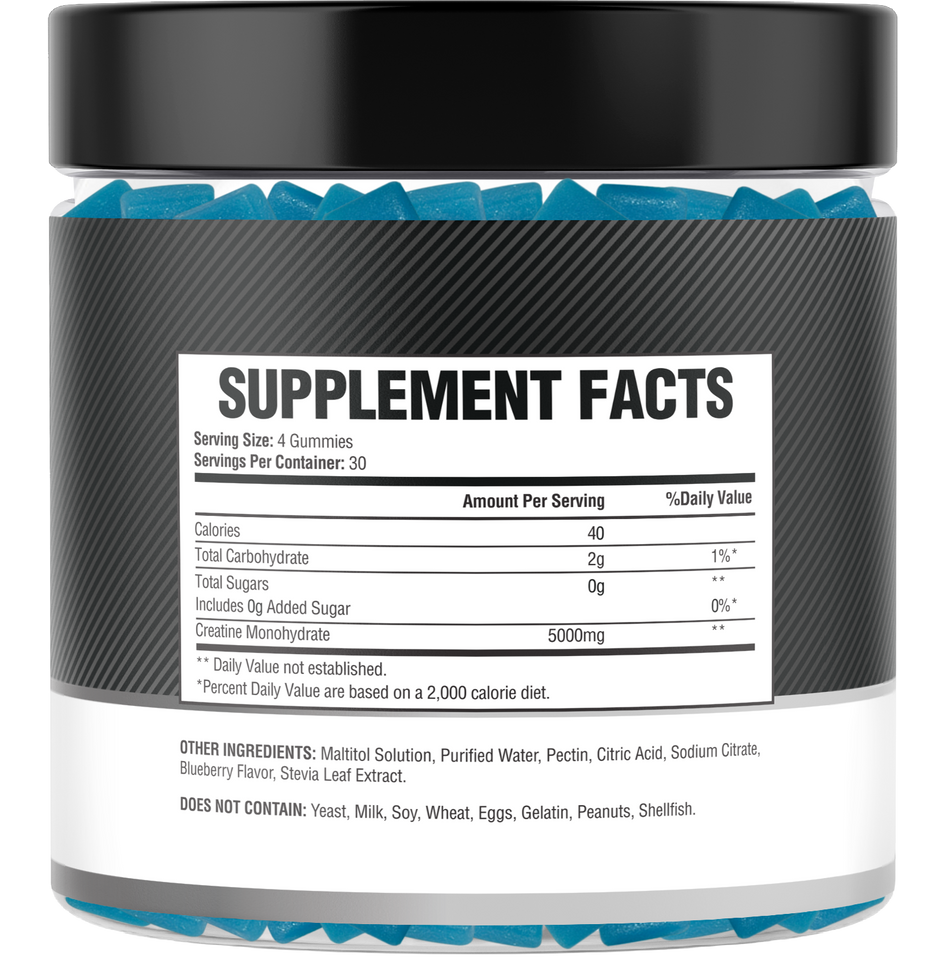 Creatine Monohydrate Gummies – 5g per Serving, 120 Count, Sugar Free, Blueberry Flavored