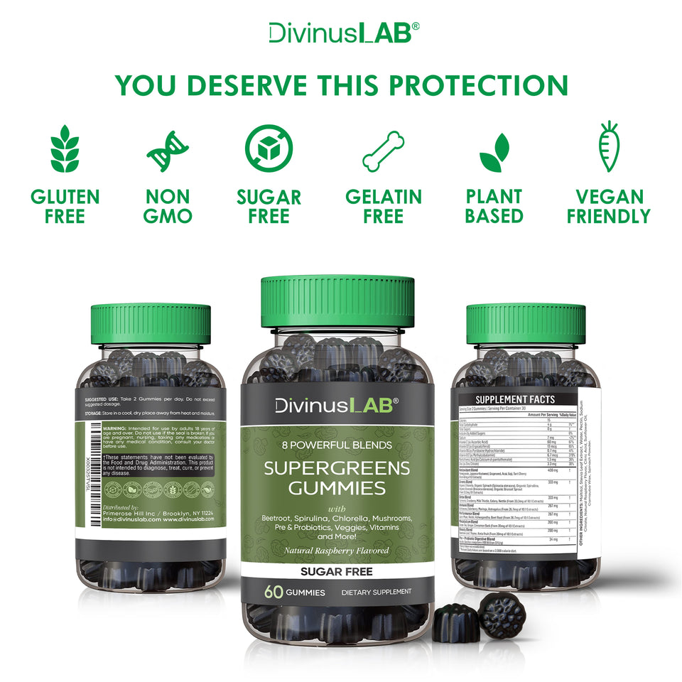 All-In-One Sugar Free Supergreens Gummies - 8 Powerful Blends - with Beetroot, Spirulina, Chlorella, Mushrooms, Pre & Probiotics, Veggies and More!
